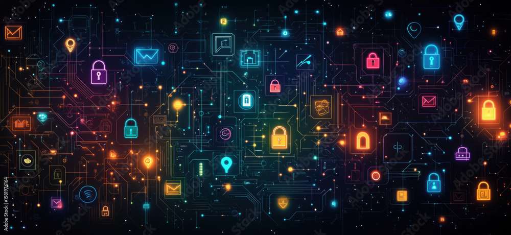 Poster digital network security concept with colorful icons and circuit patterns.