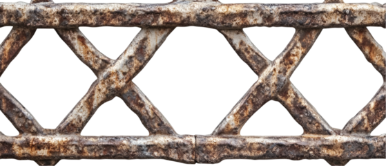 A weathered metal grating creates a textural, geometric pattern on a solid black backdrop with signs of age and decay showing rust, transparent background