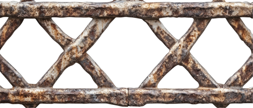 A weathered metal grating creates a textural, geometric pattern on a solid black backdrop with signs of age and decay showing rust, transparent background - Powered by Adobe