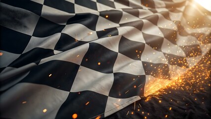 A checkered racing flag billows dramatically, sparks flying from its base, signifying a thrilling finish