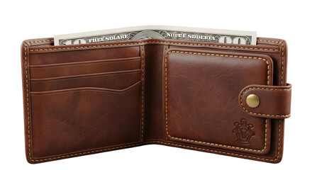 Open brown leather wallet with money
