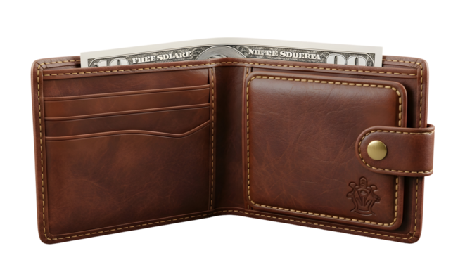 Open brown leather wallet with money