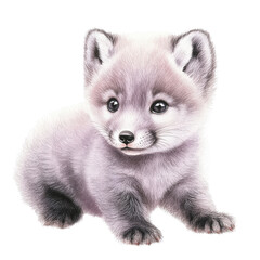 Obraz premium Adorable fluffy baby fox puppy with big eyes and soft fur sitting on white background