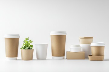 Brown and white disposable food containers, cups, and boxes on white background, with small green plant