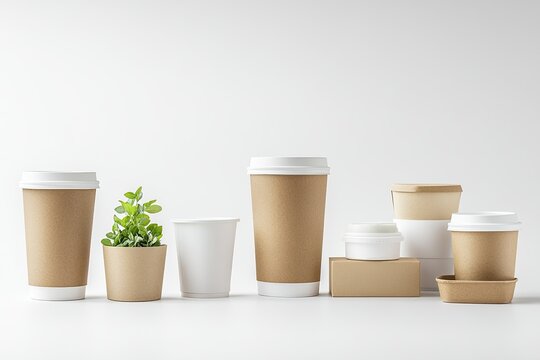 Brown and white disposable food containers, cups, and boxes on white background, with small green plant