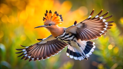 Obraz premium Hoopoe Flying with Spread Wings and Colorful Blurred Background