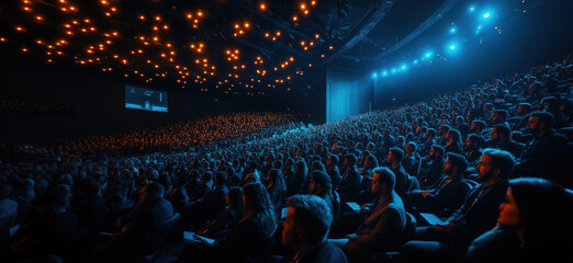 Large audience at a conference with dramatic lighting and engaging atmosphere.