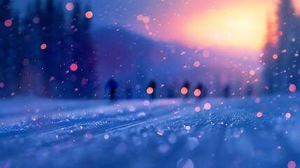 Obraz premium Magical Winter Sunset Skiing with Bokeh Lights