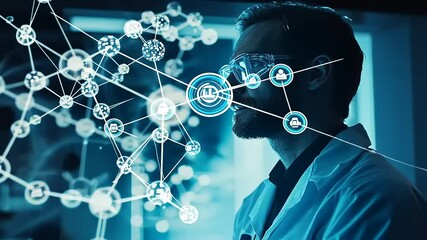 Scientist analyzing data with digital network graphics in a modern laboratory setting - Powered by Adobe
