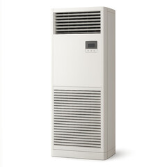 Isolated transparent Floor standing air conditioner with digital control panel and ventilation grilles for efficient cooling and heating, PNG die-cut for advertising.