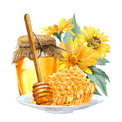 A glass jar of honey, honeycombs and yellow Heliopsis flowers hand-painted in watercolor