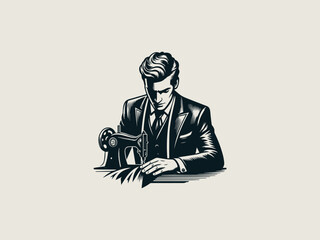Vintage tailor sewing machine vector logo for bespoke menswear or alteration shops