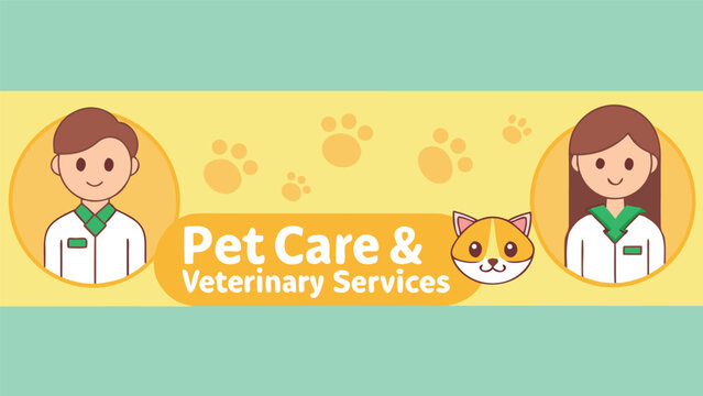 Friendly cartoon vet and assistant, pet care and veterinary services banner, pastel yellow and green color scheme, cheerful mood, ideal for website header or social media post.