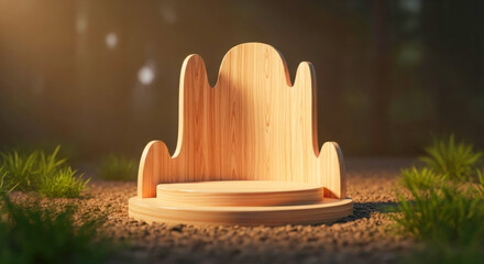 Natural wooden podium with organic wavy back panel, placed outdoors on earthy ground with green grass, bathed in warm natural light.