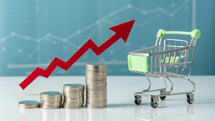 Cost of living increase and inflation. Stacked coin shopping cart red arrow financial growth inflation cost of living economic concept blue. Rising prices,financial pressure,economic crisis