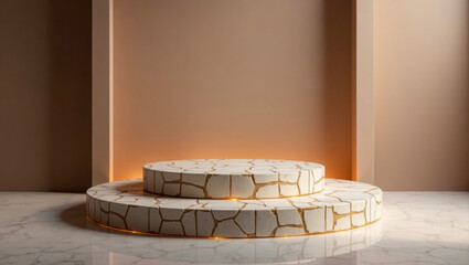 Elegant round podium with cracked white marble texture and gold accents, set against a warm neutral background with soft ambient lighting.