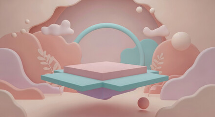 Whimsical pastel 3D scene with a floating layered podium, surrounded by abstract clouds, leaves, and soft geometric shapes in a dreamy, fantasy-like environment.