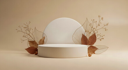 Elegant round podium with dried botanical elements and golden accents, set against a soft beige background in a natural, minimal composition perfect for product display.