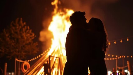 Silhouetted lovers embrace tenderly before a roaring bonfire Warm orange flames illuminate the night sky as they share a romantic moment