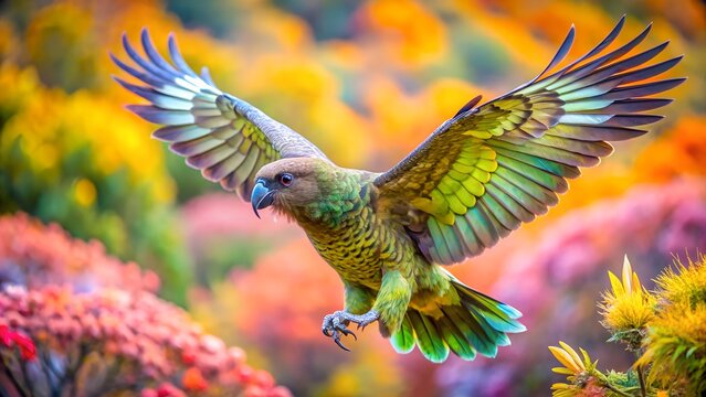 Kea Flying with Spread Wings and Colorful Blurred Background