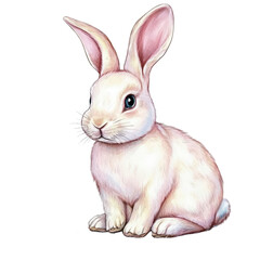 Adorable realistic white bunny rabbit with pink ears sitting on white background perfect for animals and pet themes