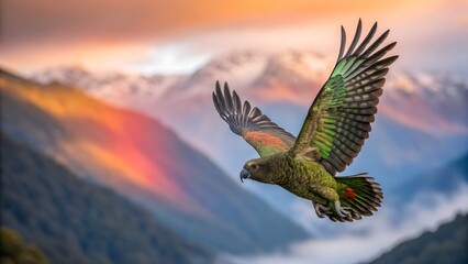 Kea Flying with Spread Wings and Colorful Blurred Background