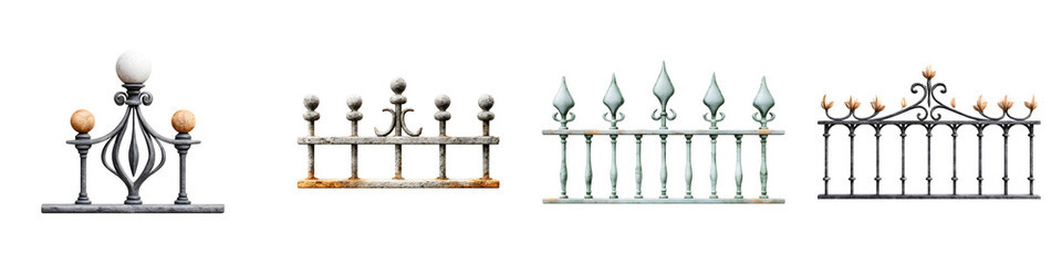 Wrought Iron Fence Collection: Decorative Fencing Isolated on White