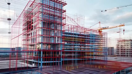 Modern construction site showcasing a multi-story building with scaffolding and cranes at sunset