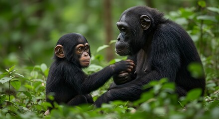 A chimpanzee mother sits in lush greenery, tenderly interacting with her baby.