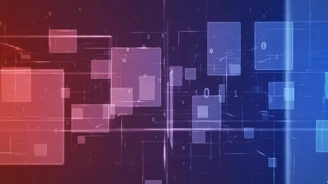A digital high-tech background with floating squares binary code and grid lines on a red and blue gradient perfect for technology and data-related projects