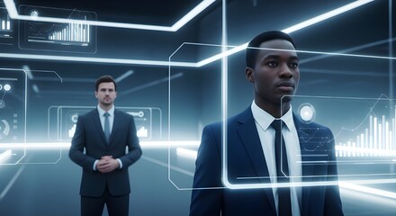 Two Businessmen in a Futuristic Office with Holographic Displays | Modern Corporate Setting for Technology and Finance Industries