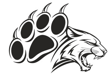 A black panther head with a large paw print