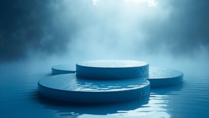 Minimalist blue podiums emerge from calm water in a misty, serene environment. The cool tones and soft lighting create a tranquil, ethereal atmosphere.