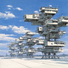  A digital painting depicting a series of interconnected buildings raised on stilts, situated in a vast, snow-covered landscape under a bright blue sky.