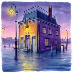 Brick Building Illuminated at Dusk, Submerged in Floodwaters. A whimsical illustration depicting a small brick house partially flooded at sunset.