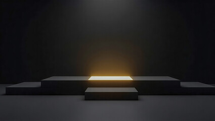 Dark minimalist stage with geometric platforms and a glowing rectangular center in warm yellow light. A dramatic, modern backdrop for product display or artistic presentation.