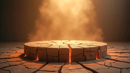 Cracked stone platform with glowing lava fissures and rising smoke in a dramatic, fiery setting. A powerful volcanic-themed stage with intense heat and rugged textures.