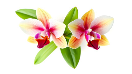 Naklejka premium Two phalaenopsis orchids with pink and yellow petals isolated on white background