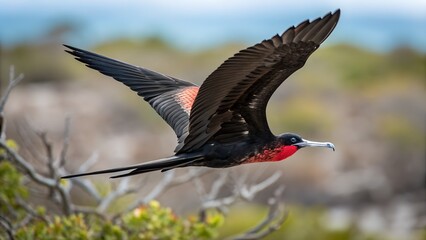 Magnificent Frigatebird Flying with Spread Wings and Colorful Blurred Background