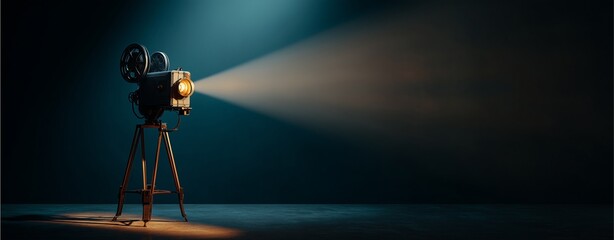 Film Projection in Spotlight: A vintage film projector beams a bright spotlight against a dark, cinematic backdrop, casting a warm glow that sparks nostalgia for classic cinema.