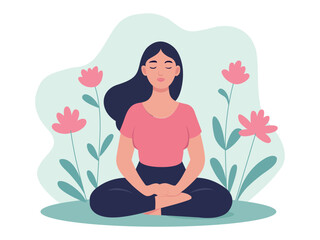 woman sitting with a flower illustration in the background, good mental health yoga lifestyle and selfcare vector