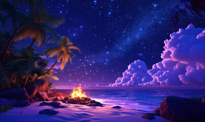 Serene beach scene with campfire under starry night sky and palm trees.
