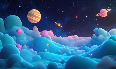 Fototapeta premium Colorful cosmic landscape with planets and dreamy clouds in vibrant space setting.