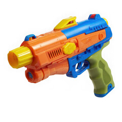 Colorful toy gun, orange, blue, and green isolated on transparent background