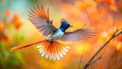 Paradise Flycatcher Flying with Spread Wings and Colorful Blurred Background