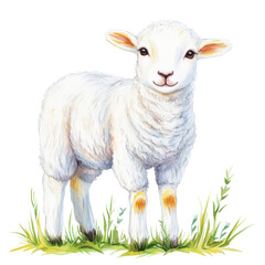 Fototapeta premium Adorable baby sheep standing on green grass with a gentle expression and fluffy white wool