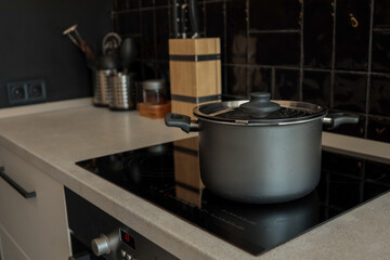 Modern kitchen interior with a matte black cooking pot on a sleek induction cooktop, surrounded by...