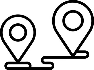 Two black location pin icons connected by a winding line on a white background