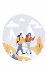 Couple with backpacks hiking in mountain circle 01.