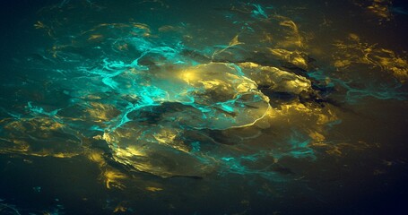 Fototapeta premium Abstract digital artwork featuring nebula-like formations in teal and gold hues, creating a celestial or dreamy atmosphere. The colors blend and swirl together in captivating shapes.